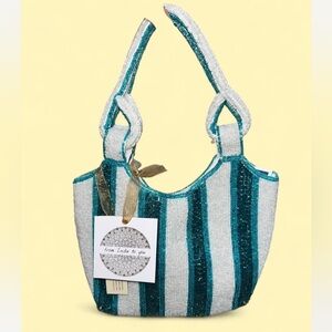 Striped Teal and White Women's Beaded Shoulder Bag Made in India